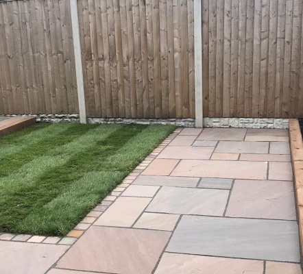 Bark Indian Stone Patio - Sleeper borders - Shed Base