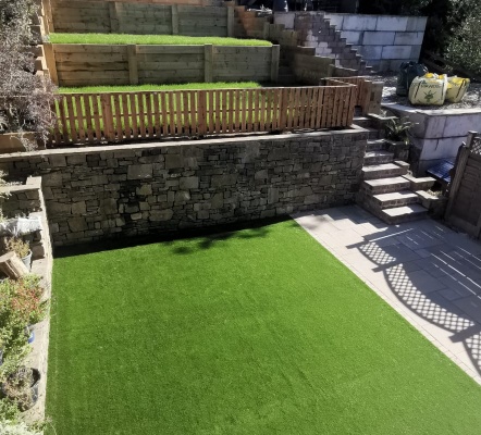 Staged Garden Transformation - Grey Indian Stone Patio - Artificial Grass